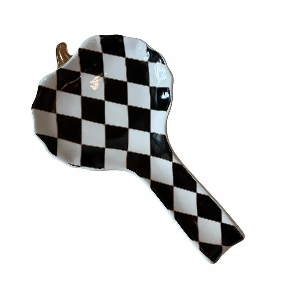 Black & White Harlequin Pumpkin Spoon Rest 10in Ceramic Checkered Halloween NEW